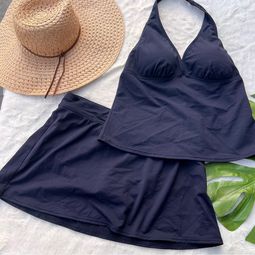 Lands End Navy Blue Halter Tankini Swim Skirt Set